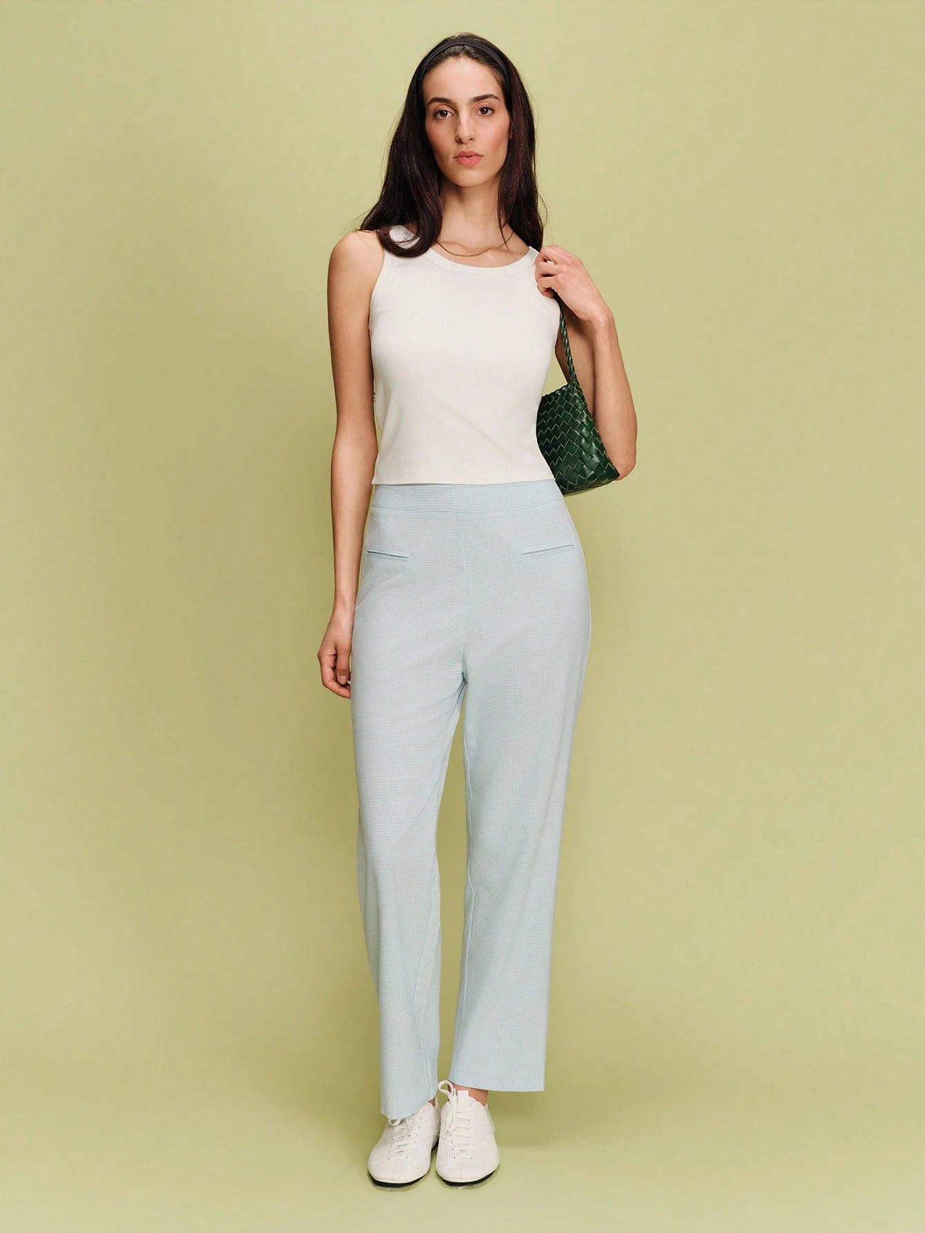 Blue Check Pattern Fitted 3/4 Length Trousers With Piped Pockets Cute Pants Office Outfit Business Casual Pants Spring Summer French Style Parisian Style Light Weight Pants For Women Casual Outfit For Women