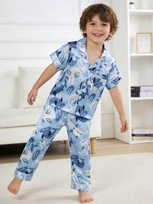 2件套男童可爱鲨鱼印花短袖开衫和裤子套装，休闲家居服 - 藍色 - 查看 1