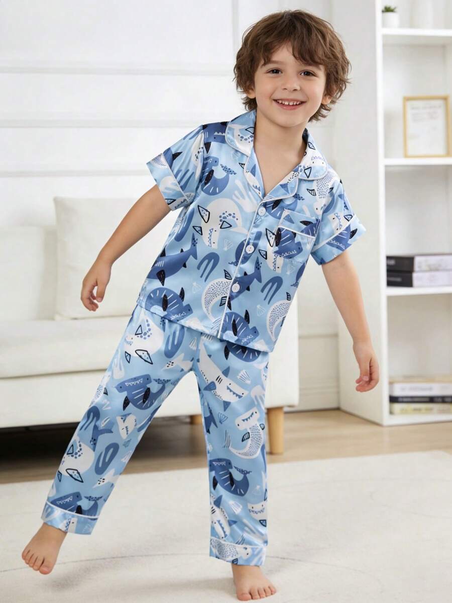2件套男童可爱鲨鱼印花短袖开衫和裤子套装，休闲家居服 - 藍色 - 查看 1