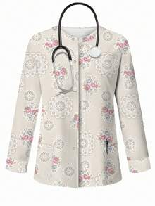 PopScrub Mandala & Rose Floral Print Scrub Jacket,Spring/Summer Fashion Cardigan For Nurse Uniform,Botanical Pattern Light Apricot Top,Maid,Work - Multicolor - View 5