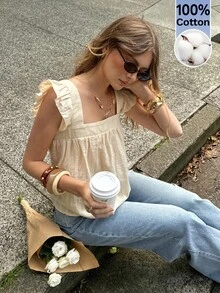 Serisse 女款棉質方領荷葉袖上衣，優雅杏色夏季野餐上衣，寬鬆休閒純色短袖度假春季海灘上衣 - 杏色 - 查看 6