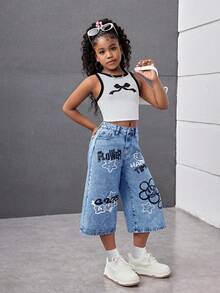 SHEIN 少女时尚休闲Y2K笑脸花朵图案蓝色阔腿七分牛仔裤，适合少女、男孩、男孩、日常穿着以及少女春夏派对、节日和海滩穿着。 - 深色水洗藍 - 查看 5