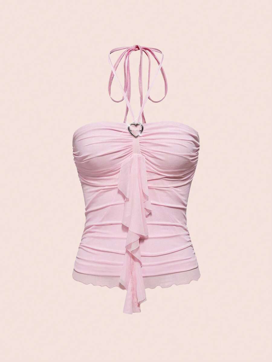 ROMWE Kawaii Damlinne med hjärtdekoration och rynkad, knytband i halsringning - Rosa - Visa 1