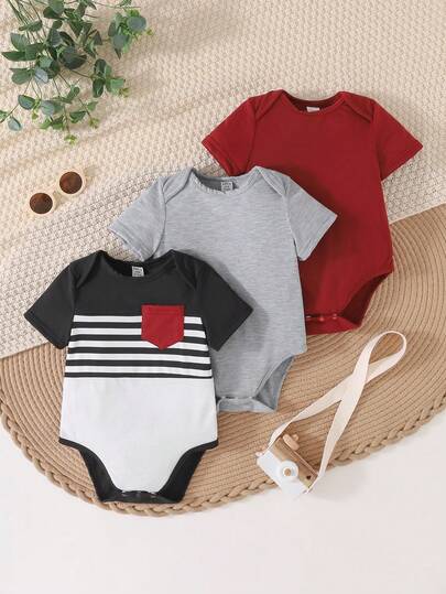 SHEIN 3pcs/Set Newborn Baby Boy/Girl Comfortable Casual Colorblock Short Sleeve Romper & Pants Set, Suitable For Indoor, Outdoor, Daily, Sports, Play, Party, Photo, Holiday, Spring/Summer
