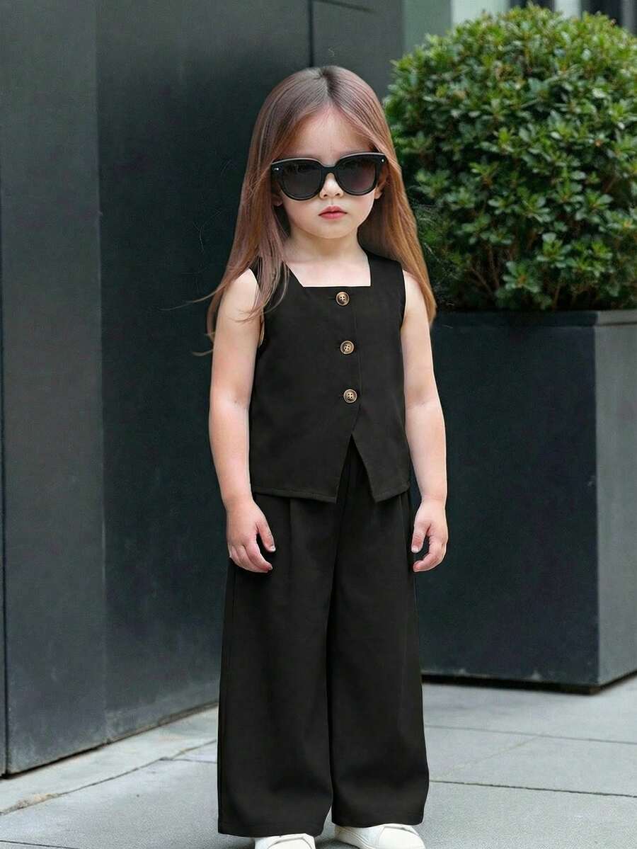 Babygirl Summer Casual Sleeveless Top And Elastic Waist Loose Pants Set - Black - View 1