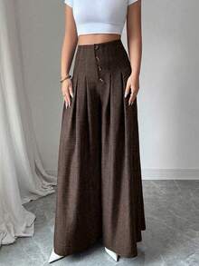 SHEIN Elenzya Women's Fashionable Loose Pleated Wide Leg Pants - Coffee Brown - View 5