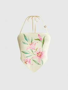 ROMWE Y2K Island Babe Lily Print Halter Neck Tie Strap Sexy Camisole For Women - Pale Yellow - View 1
