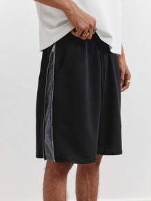 TOKVUE 男士街头风畅销刺绣拉链侧边短裤，撞色面料设计，适合户外音乐节、日常出行、朋友聚会、送给男友/老公的礼物、周年纪念礼物，黑色 - 彩色 - 查看 5