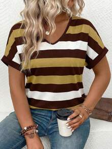 EMERY ROSE New Arrival Plus Size Women's Fashion Brown Striped V-Neck Short Sleeve T-Shirt Gym Summer - Multicolor - View 4
