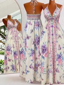 Sweetra Bohemian Style Printed Beach Slip Dress - Lilac Purple - View 2