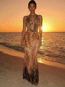 Aloruh 优雅性感露背串珠链条吊带紧身连衣裙，适合派对和度假；显瘦高腰动物纹Y2K连衣裙；性感露背度假连衣裙；音乐节连衣裙 - 棕色 - 查看 3