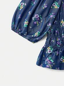 lacRébo Vintage Dark Blue Denim-Look Floral Smocked Crop Top With Puff Sleeves And A Square Neckline Cute Style Spring Summer Vacation French Style Parisian Style - Dark Wash - View 9