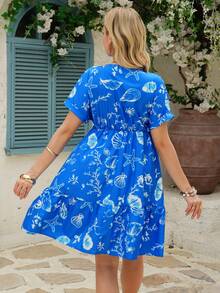 SHEIN Đầm bầu mùa hè in họa tiết, kiểu dáng thường ngày. - Màu xanh lam - Xem 4