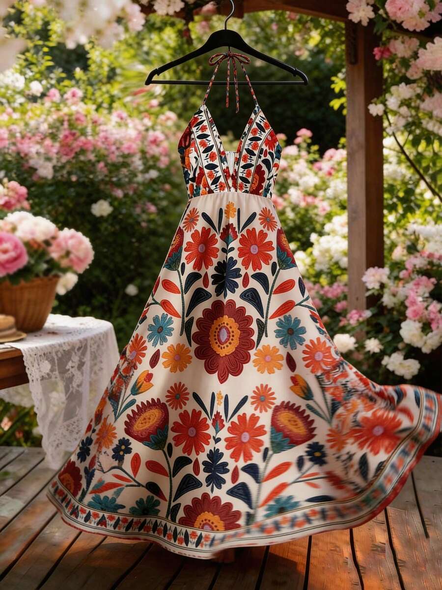 GlowEve 女士时尚优雅系带V领连衣裙，印花，适合外出、度假、日常穿着、旅行、春夏穿着 - 彩色 - 查看 1