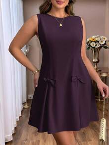 SHEIN Unity Plus Size Women Casual Elegant Short Dress, Solid Color, Round Neck, Sleeveless, With Bowknot Dress - Purple - View 4