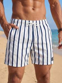 VIVINTIMO Badeshorts für Herren mit Kordelzug, Sicherheitstaschen, leichter 4-Wege-Stretch, Buchstaben-Patches, Streifen für Resort-Lässig, Strand-Urlaub, weißer Stoff ohne Stretch, mit Futter, Hawaii-Stil - Weiss - Übersicht 3