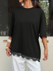 Muchica Black Lace Trim Patchwork T-Shirt For Women, Spring/Summer New Arrival,Summer Top - Black - View 6