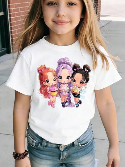 T-shirt à manches courtes avec imprimé graphique de fille de dessin animé mignon, décontracté. Confortable pour le port quotidien au printemps, en été et en automne