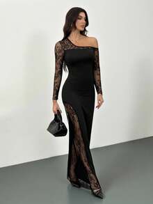 SHEIN Tall Elegant Black Floral Lace Bodycon Long Dress,Autumn Night Out Party Contrast Asymmetric Hem,Long Sleeve Strapless Cocktail Dresses For Women - Black - View 7