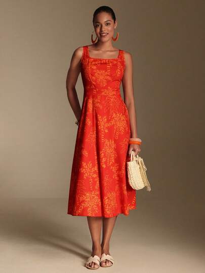 Swim Oasis Tropical Vacation Style | Red Base Orange Palm Tree Print Square Neck Maxi Dress, Suitable For Beach Vacation / Sanya Travel / Music Festival / Beach Photo Shoot