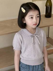 Dazy Kids 女童镂空针织娃娃领短袖针织上衣，春秋季休闲款 - 淡紫色 - 查看 4