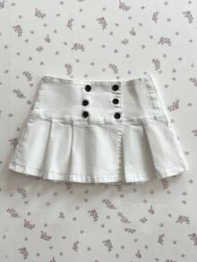 Elamini 时尚宽腰褶皱水洗百搭牛仔迷你裙 - 白色 - 查看 1