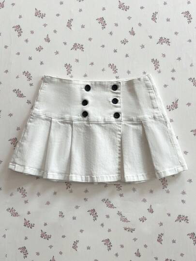 Elamini Fashionable Wide Waist Pleated Washed Versatile Denim Mini Skirt