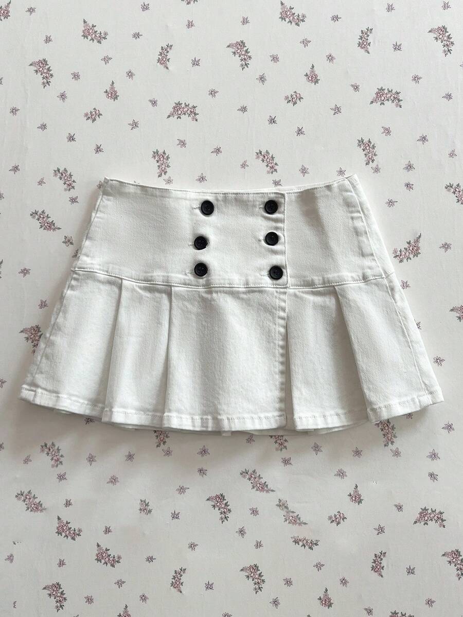 Elamini 时尚宽腰褶皱水洗百搭牛仔迷你裙 - 白色 - 查看 1