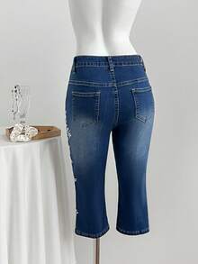 Elamini Quần jeans skinny dài đến 7/8, thêu họa tiết thời trang, đã qua xử lý giặt. - Rửa tối - Xem 2