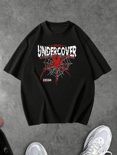 Sport MetroGents Men's Round Neck Letter & Spider Print Casual Versatile Daily Wear Sports Short Sleeve T-Shirt