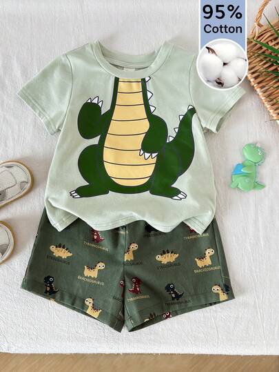 SHEIN 2pcs/Set Young Boys Casual Dinosaur Print Short Sleeve Top And Shorts Set, Comfortable And Versatile, Adorable For Easter Gifting