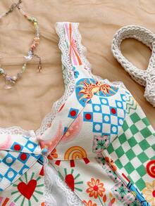 Soleia Women's Floral Print Contrast Lace Sleeveless Top,Summer Top - Multicolor - View 6