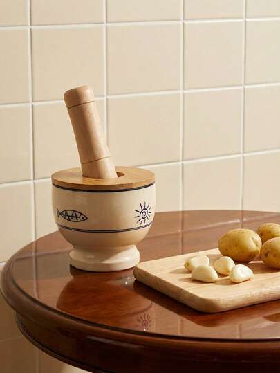 Cirelle 复古陶瓷蒜研钵和研杵，手动蒜蓉研磨器，适用于研磨大蒜、辣椒、胡椒、药材、皮蛋等，家用厨房研磨工具