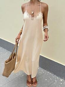 Serisse 女士蕾丝边休闲派对长吊带连衣裙 - 杏色 - 查看 6