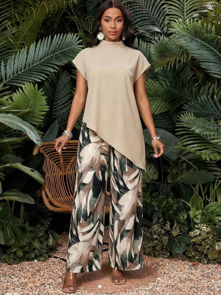 SHEIN Lady Zanzea Women's Fashion Asymmetrical Hem Top Beige Pants