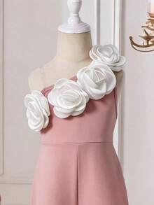 SHEIN 女童撞色编织3D立体花卉装饰无袖休闲连体裤 - 粉色 - 查看 4