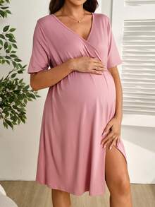 GentleRue Maternity 櫻桃粉 夏季休閒日常極簡哺乳短袖洋裝，鈕扣裝飾，孕婦醫院哺乳產後洋裝 - 藕粉色 - 查看 2