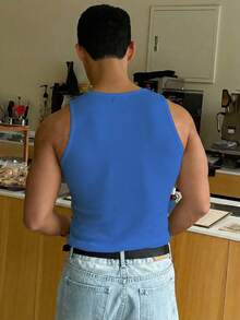 Manfinity Dauomo Áo camisole nam màu trơn, dây kim loại, thời trang, gợi cảm - Màu xanh lam - Xem 2