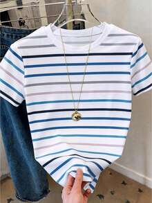 Resyla Camiseta de mujer de manga corta con cuello redondo y diseño minimalista a rayas - Multicolor - Ver 4