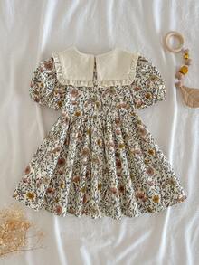 Loomiva Baby Girl Floral Print Color Block Puff Sleeve Cinched Waist Dress, Versatile & Comfortable - Multicolor - View 6