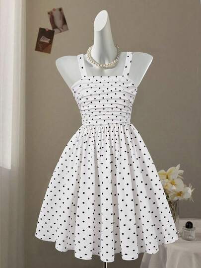 Fashionable & Elegant White Polka Dot Ruffle Strap Dress For Tween Girls Suitable For Party & Events In Spring/Summer