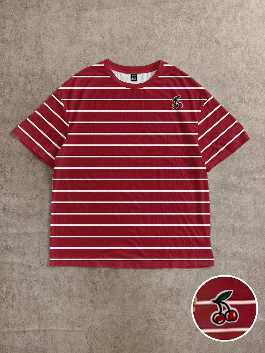Attitoon Stripy T Shirt Cherry T-Shirt Red T-Shirt,Summer Top - Multicolor - View 1