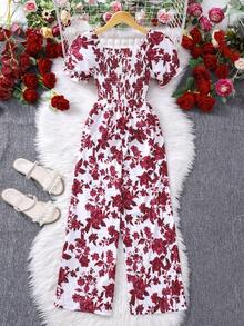 Sparklyn 女童印花连体衣，方领泡泡袖，夏季度假风 - 酒紅色 - 查看 2