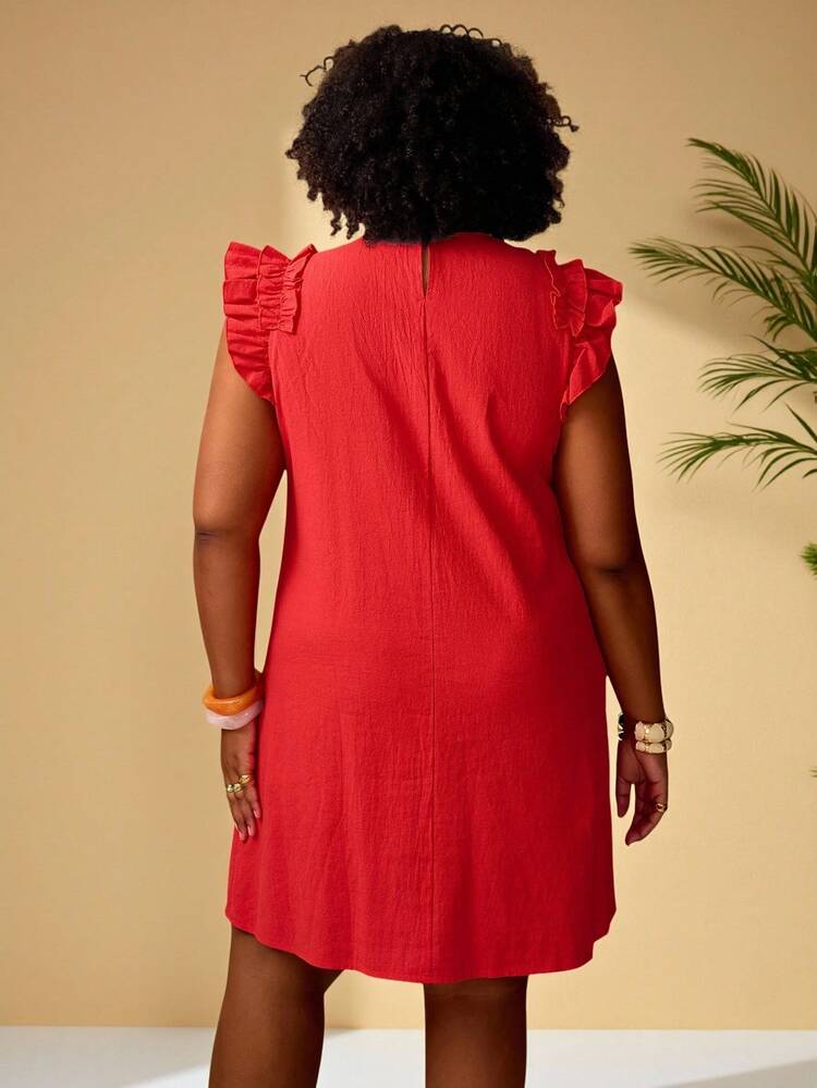 Plus Size Women's Summer Casual Vacation  Country Frill Trim Round Neck Red Solid Short Dress,Early Spring,Spring Break Outfits ,Vacation Outfits Women ,Holiday Outfits For Women,Spring Dress Women,Going Out Outfits,2026 New Clothes,Simple And Fashionable For Everyday Wear