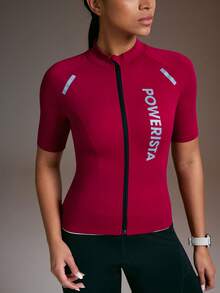 Powerista Women's Letter Print Raglan Short Sleeve Cycling Jersey - Burgundy - View 6