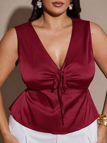 SHEIN BAE 夏季大码女士休闲系带纯色背心 - 紅色 - 查看 6