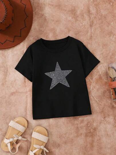 Toddler Girls' Star Rhinestone Print Black T-Shirt, Suitable For Outdoor Activities, Spring/Summer New Style, Fashionable, Cute, Casual, Back To School