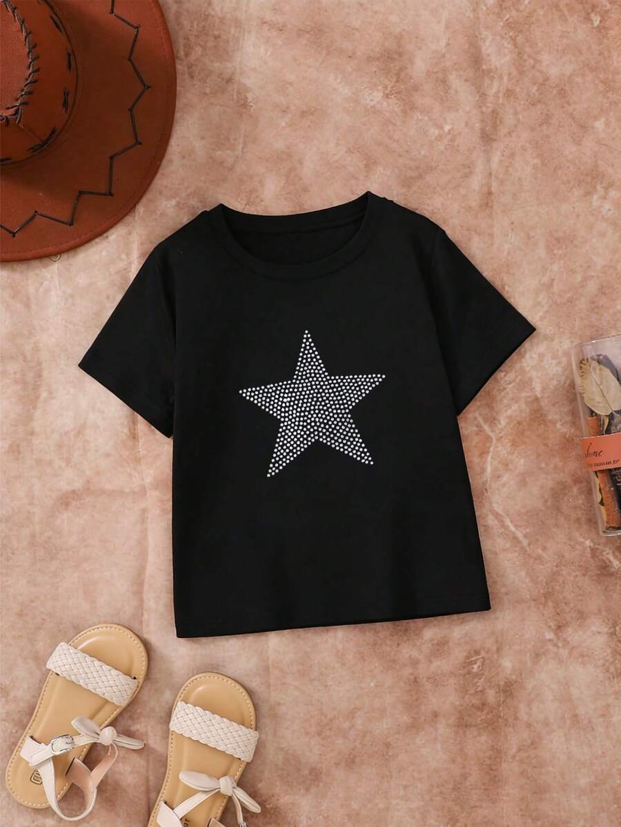 女童星星水钻印花黑色T恤,适合户外活动,春夏新款,时尚可爱,休闲百搭,返校季必备 - 白色 - 查看 1