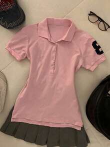 SHEIN Plus Size Women's Numeric Print Polo Collar Short Sleeve T-Shirt - Pink - View 4