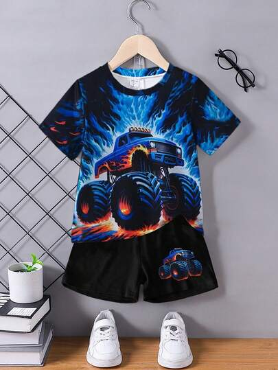 GraphicGems 2pcs/Set Young Boys Casual Trucks Cartoon Car Print Tie-Dye Pattern Short Sleeve Round Neck T-Shirt And Black Shorts Set, Suitable For Outings, Sports, School And Play